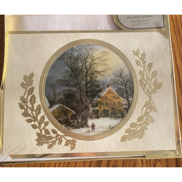 Vintage Christmas Cards Currier & Ives Scene ? Farmhouse Country NEW Box 14 Card - Picture 1 of 11